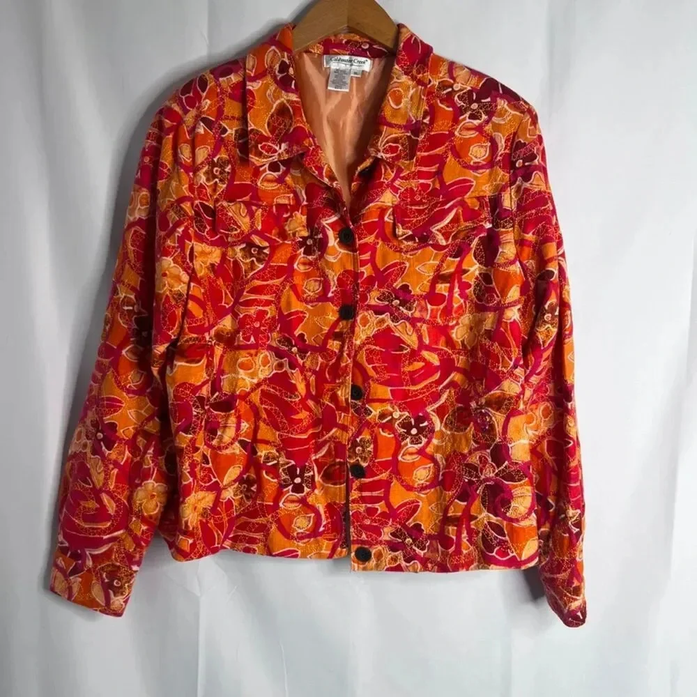 Coldwater Creek Linen‎ Blend Orange Abstract Embroidered Blazer Jacket Size XL - Picture 10 of 10